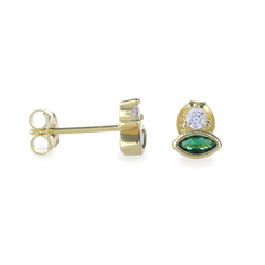 The Emerald Oval Stud Earring, a pair of elegant gold earrings featuring a marquise-cut green emerald complemented by a round white crystal above. This unique design combines classic shapes with a modern touch, making it a versatile accessory for any look.
