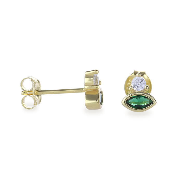 The Emerald Oval Stud Earring, a pair of elegant gold earrings featuring a marquise-cut green emerald complemented by a round white crystal above. This unique design combines classic shapes with a modern touch, making it a versatile accessory for any look.