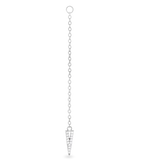The Arrow Earring Chain, a single silver chain earring with a V-shaped arrowhead pendant adorned with sparkling stones. ||| SILVER