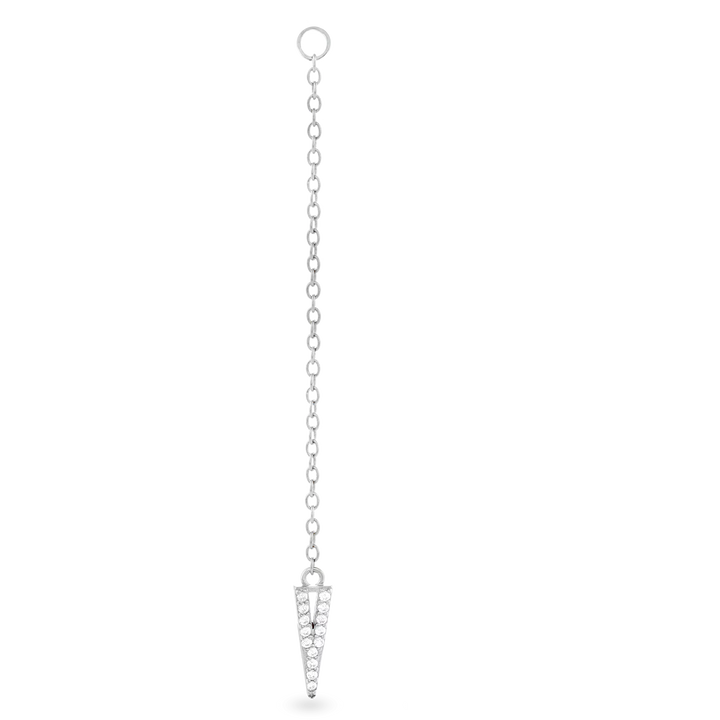 The Arrow Earring Chain, a single silver chain earring with a V-shaped arrowhead pendant adorned with sparkling stones. ||| SILVER
