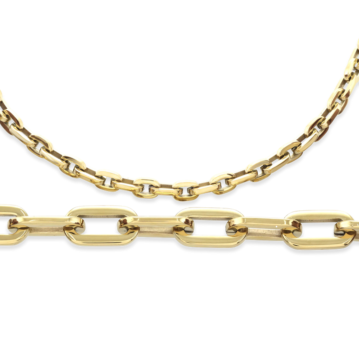 The PUERTO SIZE SET, which is a gold two-piece jewelry set, features a bold link chain necklace and a matching chunky bracelet. The set’s polished gold finish and statement design make it perfect for elevating any outfit, whether casual or formal, with a touch of modern elegance.