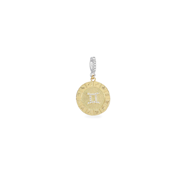 The Zodiac Clip On Charm, a gold charm with the Gemini zodiac symbol and cubic zirconia accents.||| GEMINI/MIX
