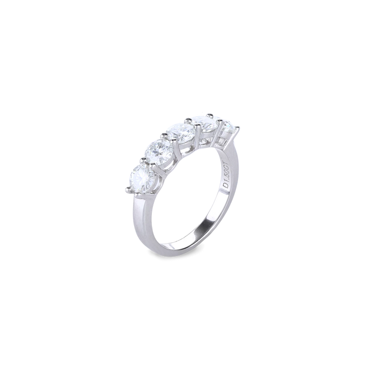 The Diamond Band Ring, a silver ring featuring five dazzling brilliant-cut diamonds.