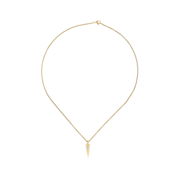 The Spike Pave Necklace, a gold necklace featuring a delicate chain and a spike pendant accented with diamond-like stones.
