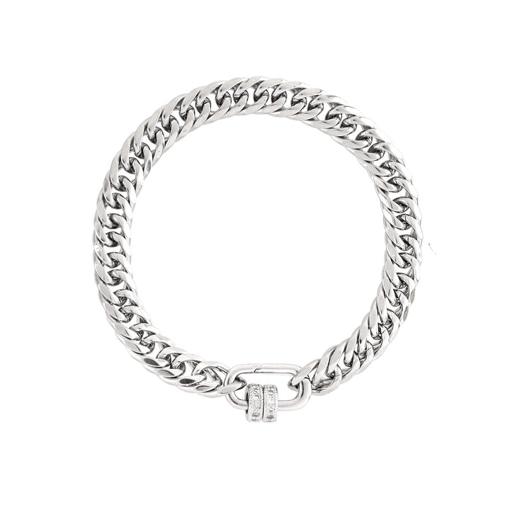 The JUST CLICK DONUTS BRACELET, a single chunky silver chain bracelet featuring a unique click clasp adorned with sparkling donut-shaped accents, offering a bold and stylish touch ||| SILVER