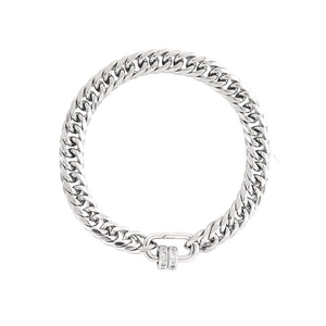 The JUST CLICK DONUTS BRACELET, a single chunky silver chain bracelet featuring a unique click clasp adorned with sparkling donut-shaped accents, offering a bold and stylish touch