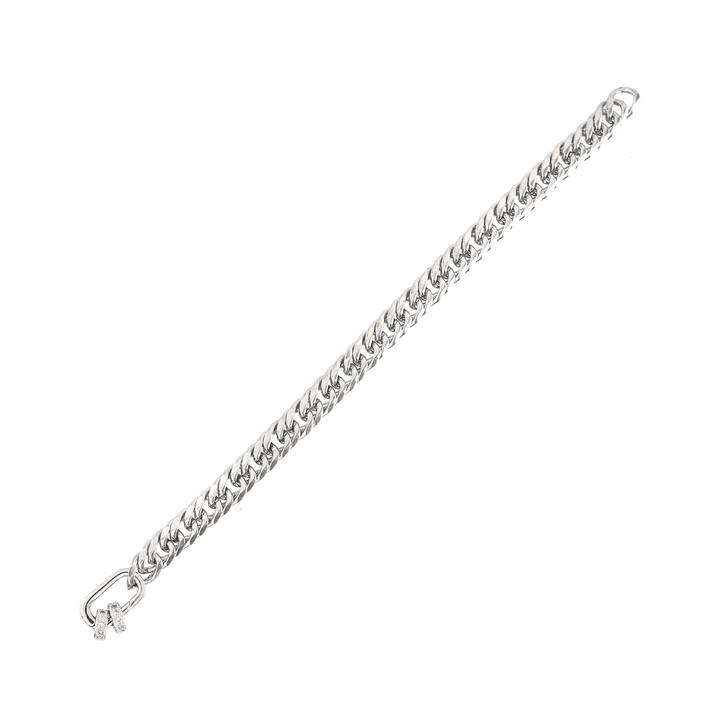 The JUST CLICK DONUTS BRACELET, a single chunky silver chain bracelet featuring a unique click clasp adorned with sparkling donut-shaped accents, offering a bold and stylish touch ||| SILVER