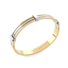 The MARINERO BANGLE, which is a single gold-tone bracelet, features sleek, parallel silver wires along its top surface, creating a refined two-tone nautical-inspired design. This elegant piece by Artizan adds a sophisticated touch with its polished finish and sturdy construction, ideal for daily wear or special occasions. ||| GOLD