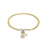 The Can Opener Chain Bracelet featuring a gold Cuban chain, a silver circle charm with sparkling diamonds, and a star-shaped link charm. 