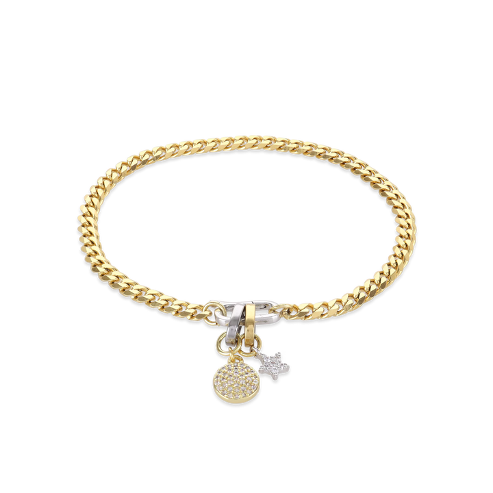 The Can Opener Chain Bracelet featuring a gold Cuban chain, a silver circle charm with sparkling diamonds, and a star-shaped link charm. 