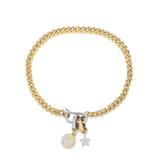 The Can Opener Chain Bracelet featuring a gold Cuban chain, a silver circle charm with sparkling diamonds, and a star-shaped link charm. 