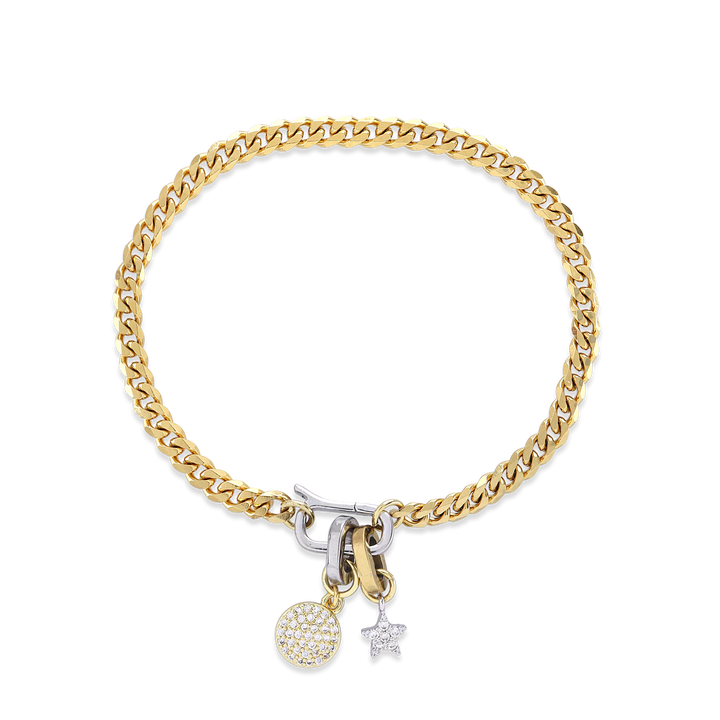 The Can Opener Chain Bracelet featuring a gold Cuban chain, a silver circle charm with sparkling diamonds, and a star-shaped link charm. 