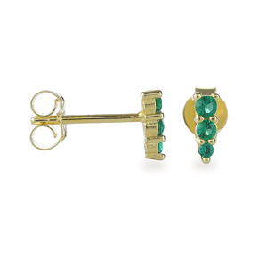 The Emerald Pyramid Stud Earring, a single gold stud featuring a trio of vibrant green emerald stones arranged in a vertical pyramid shape. This modern and eye-catching design adds a unique geometric element to any look, perfect for stacking or wearing alone as a bold statement piece.