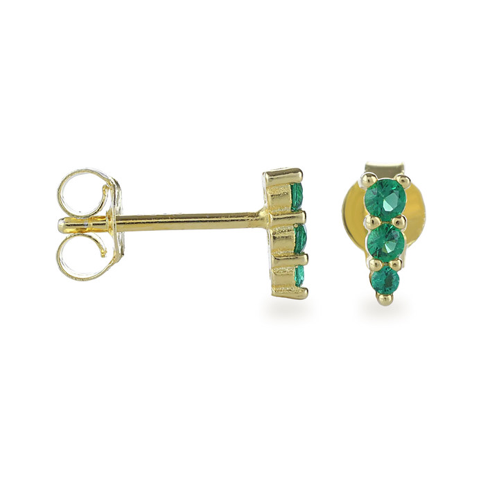 The Emerald Pyramid Stud Earring, a single gold stud featuring a trio of vibrant green emerald stones arranged in a vertical pyramid shape. This modern and eye-catching design adds a unique geometric element to any look, perfect for stacking or wearing alone as a bold statement piece.