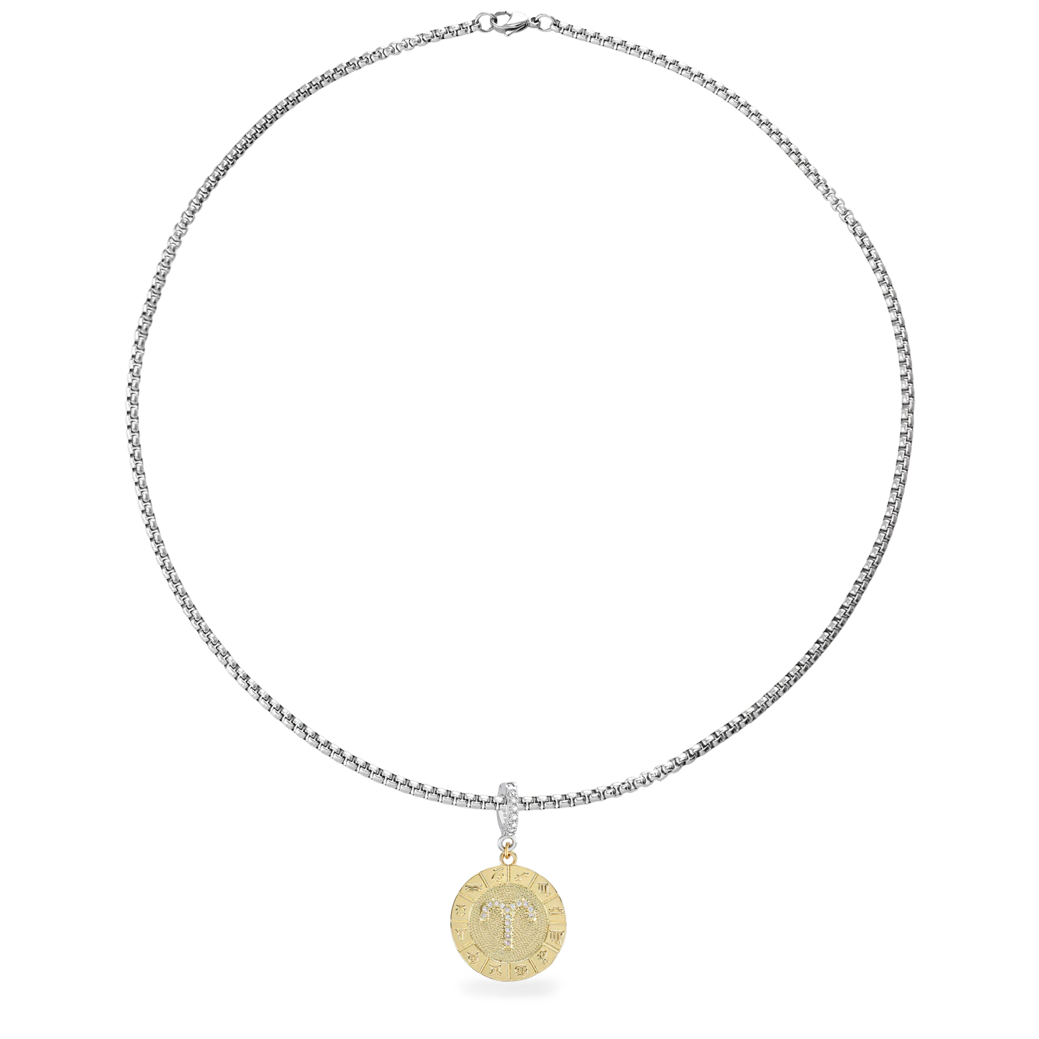 A silver necklace with The Zodiac Clip On Charm, a gold charm with the Aries zodiac symbol and cubic zirconia accents. ||| SAGITTARIUS/MIX