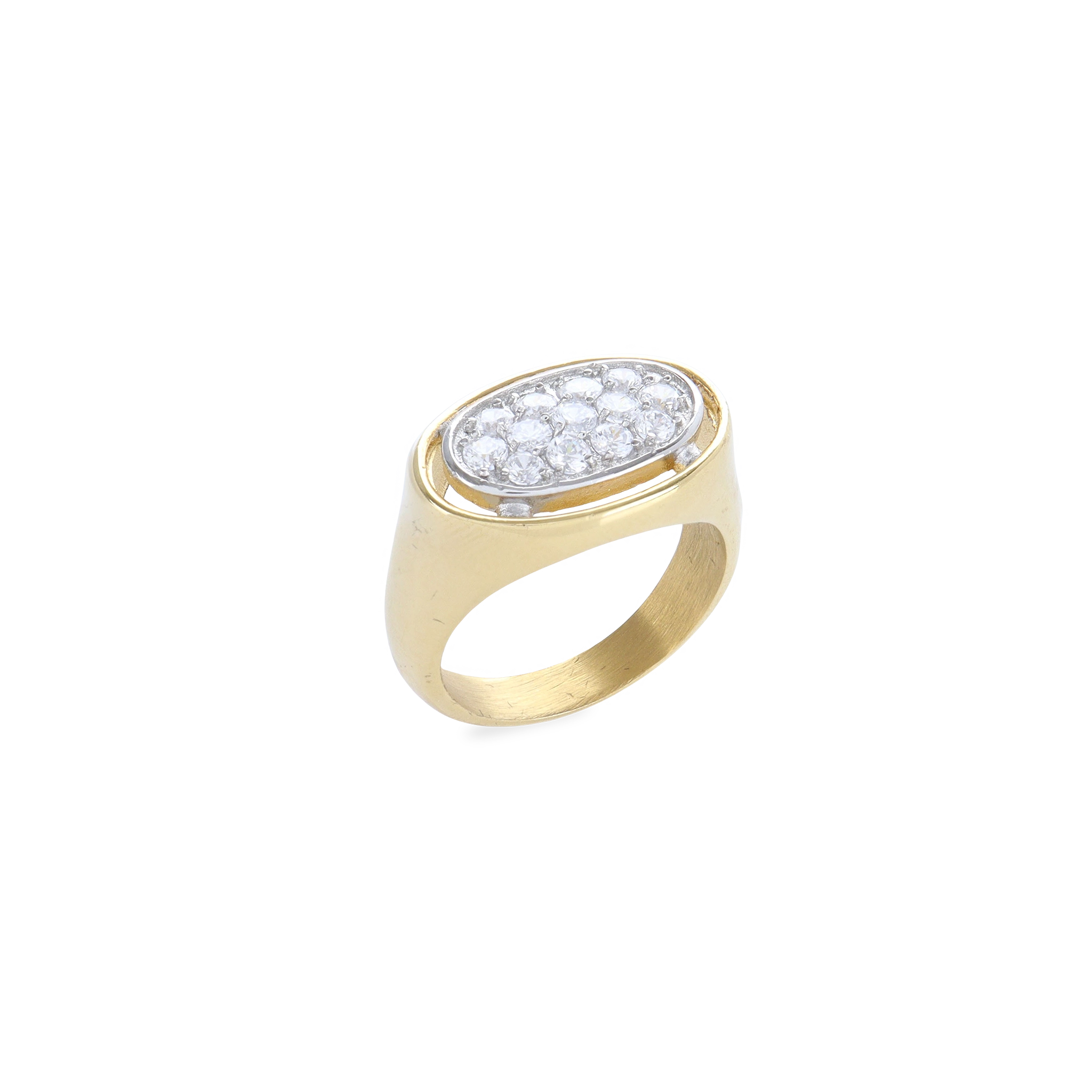 The BOLD GLIMMER RING, a striking gold ring featuring a large oval-shaped setting adorned with sparkling diamonds. 