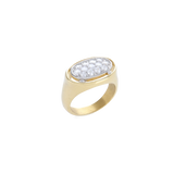 The BOLD GLIMMER RING, a striking gold ring featuring a large oval-shaped setting adorned with sparkling diamonds. 