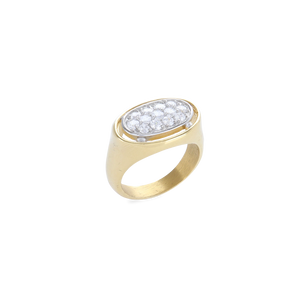 The BOLD GLIMMER RING, a striking gold ring featuring a large oval-shaped setting adorned with sparkling diamonds. 