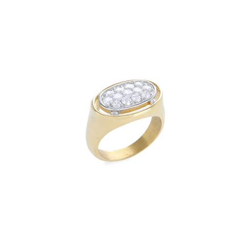 The BOLD GLIMMER RING, a striking gold ring featuring a large oval-shaped setting adorned with sparkling diamonds. 