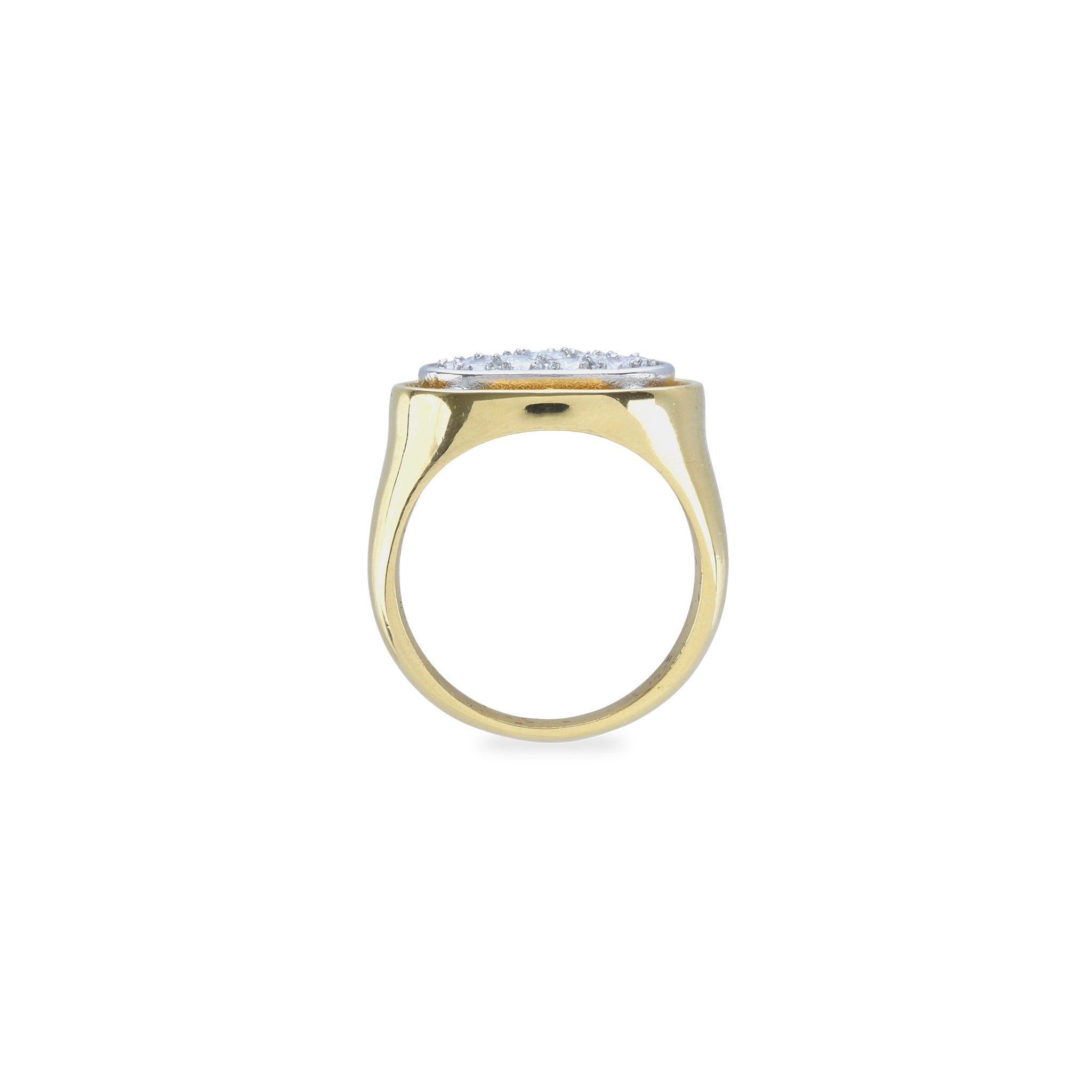 The BOLD GLIMMER RING, a striking gold ring featuring a large oval-shaped setting adorned with sparkling diamonds.