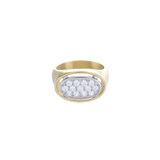 The BOLD GLIMMER RING, a striking gold ring featuring a large oval-shaped setting adorned with sparkling diamonds.