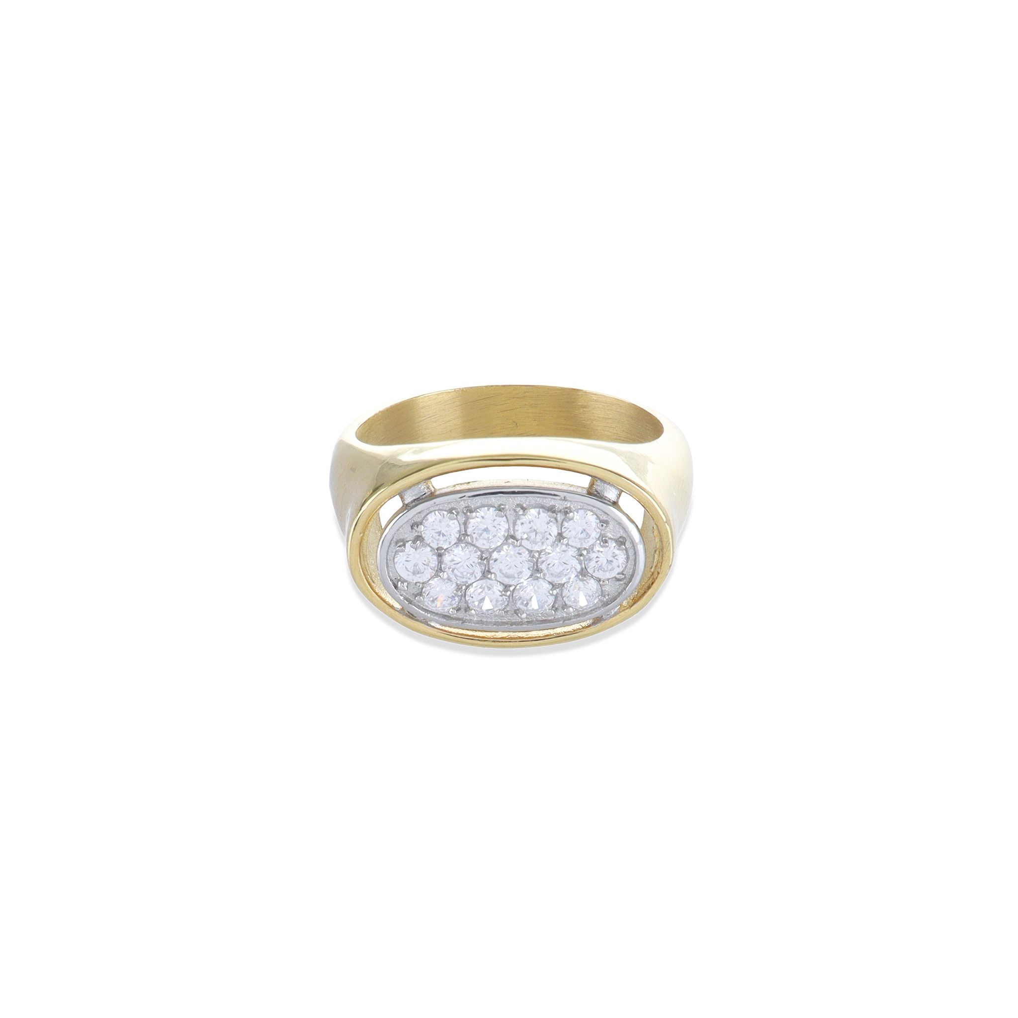 The BOLD GLIMMER RING, a striking gold ring featuring a large oval-shaped setting adorned with sparkling diamonds.