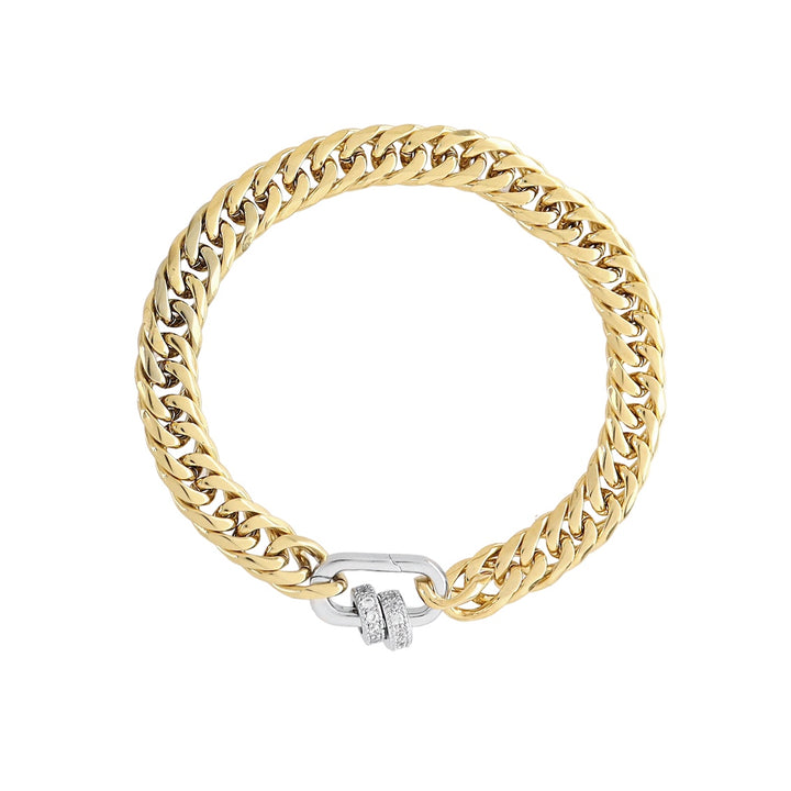 The JUST CLICK DONUTS BRACELET, a single chunky gold chain bracelet with a silver click clasp featuring donut-shaped, sparkling accents, creating a striking mixed-metal design. ||| MIX