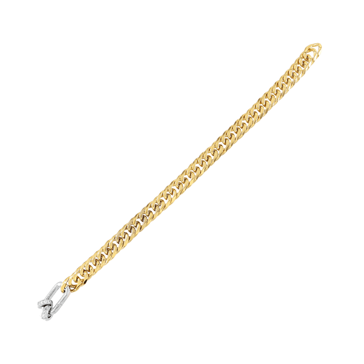 The JUST CLICK DONUTS BRACELET, a single chunky gold chain bracelet with a silver click clasp featuring donut-shaped, sparkling accents, creating a striking mixed-metal design. ||| MIX