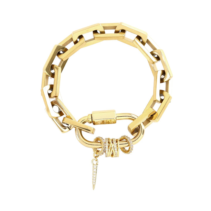 The Carabiner Square Spiga Bracelet, a gold chain bracelet featuring a square spiga chain and a carabiner clasp with diamond accents and spike charm with stones.
