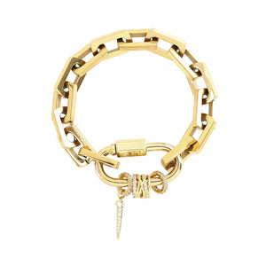 The Carabiner Square Spiga Bracelet, a gold chain bracelet featuring a square spiga chain and a carabiner clasp with diamond accents and spike charm with stones.