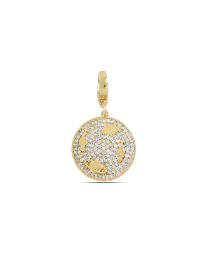 The SPACE PAVE BULKY CHARM which is made of 18K gold plated sterling silver with encrusted zirconia circle charm with space details.