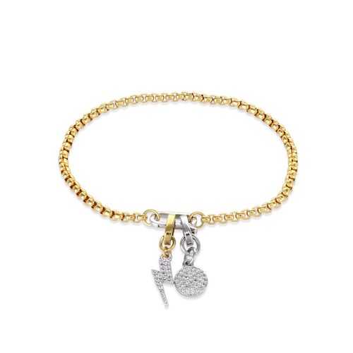 The CAN OPENER LIGHTNING CHARM BRACELET which is a Unique Can Opener Chain Bracelet featuring a bold lightning bolt charm and a sparkling diamond-studded circle pendant.