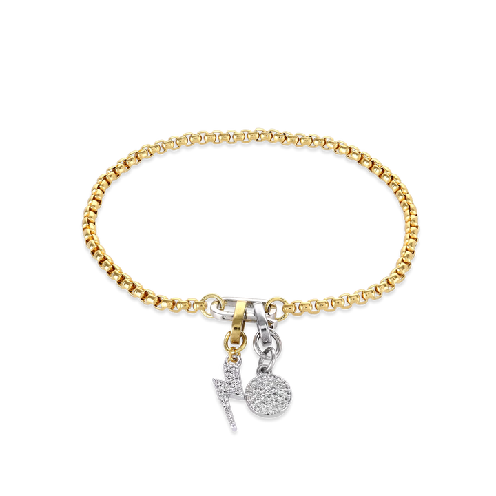 The CAN OPENER LIGHTNING CHARM BRACELET which is a Unique Can Opener Chain Bracelet featuring a bold lightning bolt charm and a sparkling diamond-studded circle pendant.