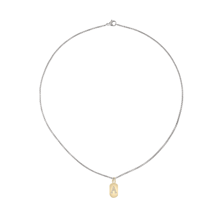 The Letter Dainty Necklace which is a single, elegant necklace features a delicate silver chain with a small, gold letter "A" pendant encrusted with sparkling crystals.
