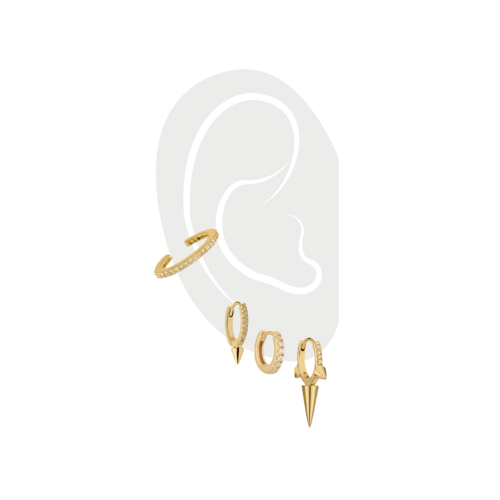 The Ear Party Gold Set - 3 & 2 Holes, a curated collection of five gold earrings designed for multiple ear piercings, featuring diamond hoops, spike studs, and a minimalist ear cuff. ||| GOLD
