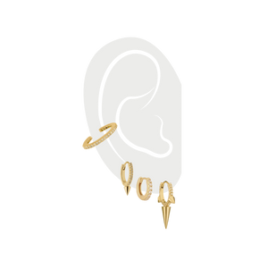 The Ear Party Gold Set - 3 & 2 Holes, a curated collection of five gold earrings designed for multiple ear piercings, featuring diamond hoops, spike studs, and a minimalist ear cuff.