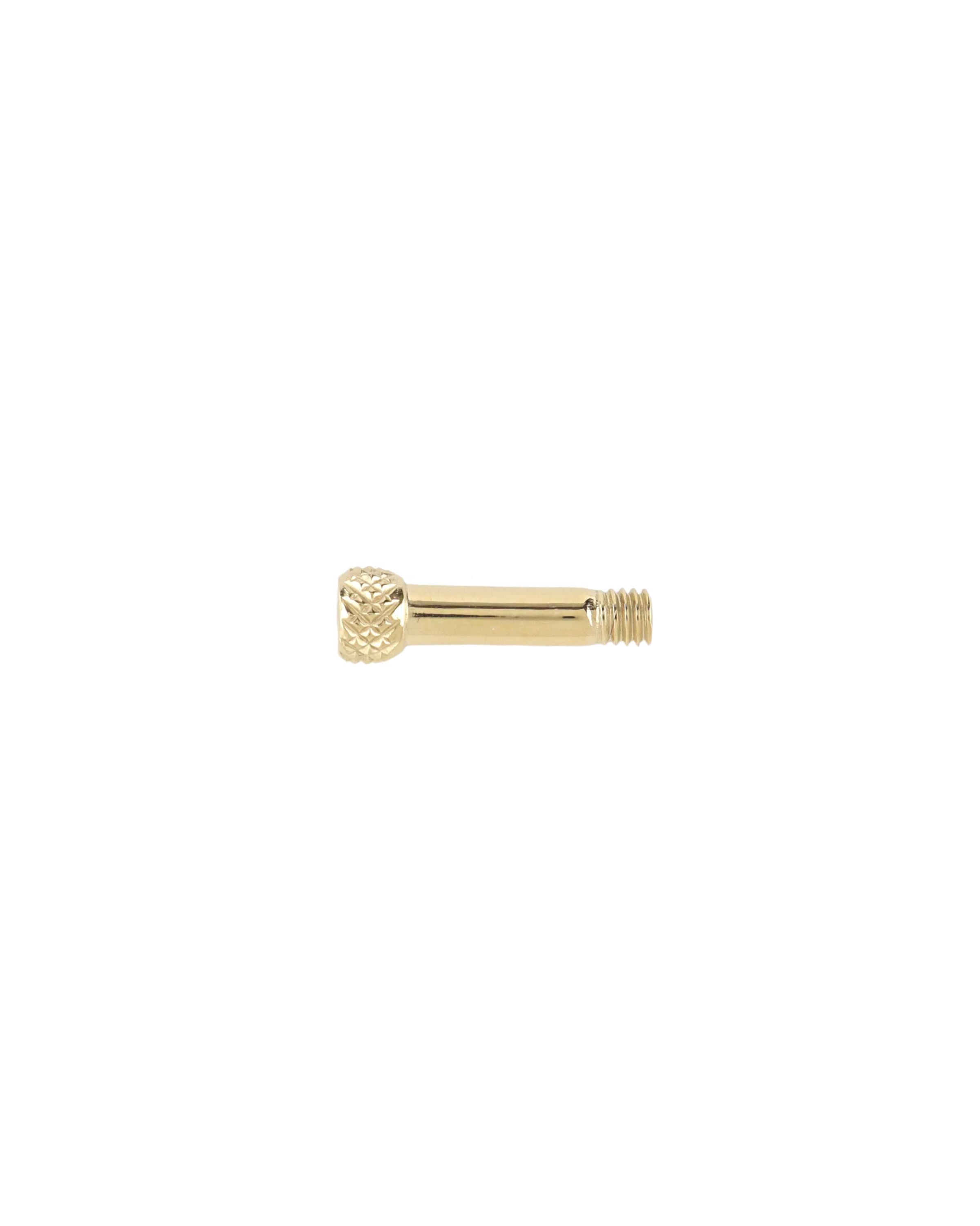 "Close-up of the Artizan Joyeria Jewelry featuring a sleek golden  screw component with a textured design, displayed on a transparent background." ||| GOLD