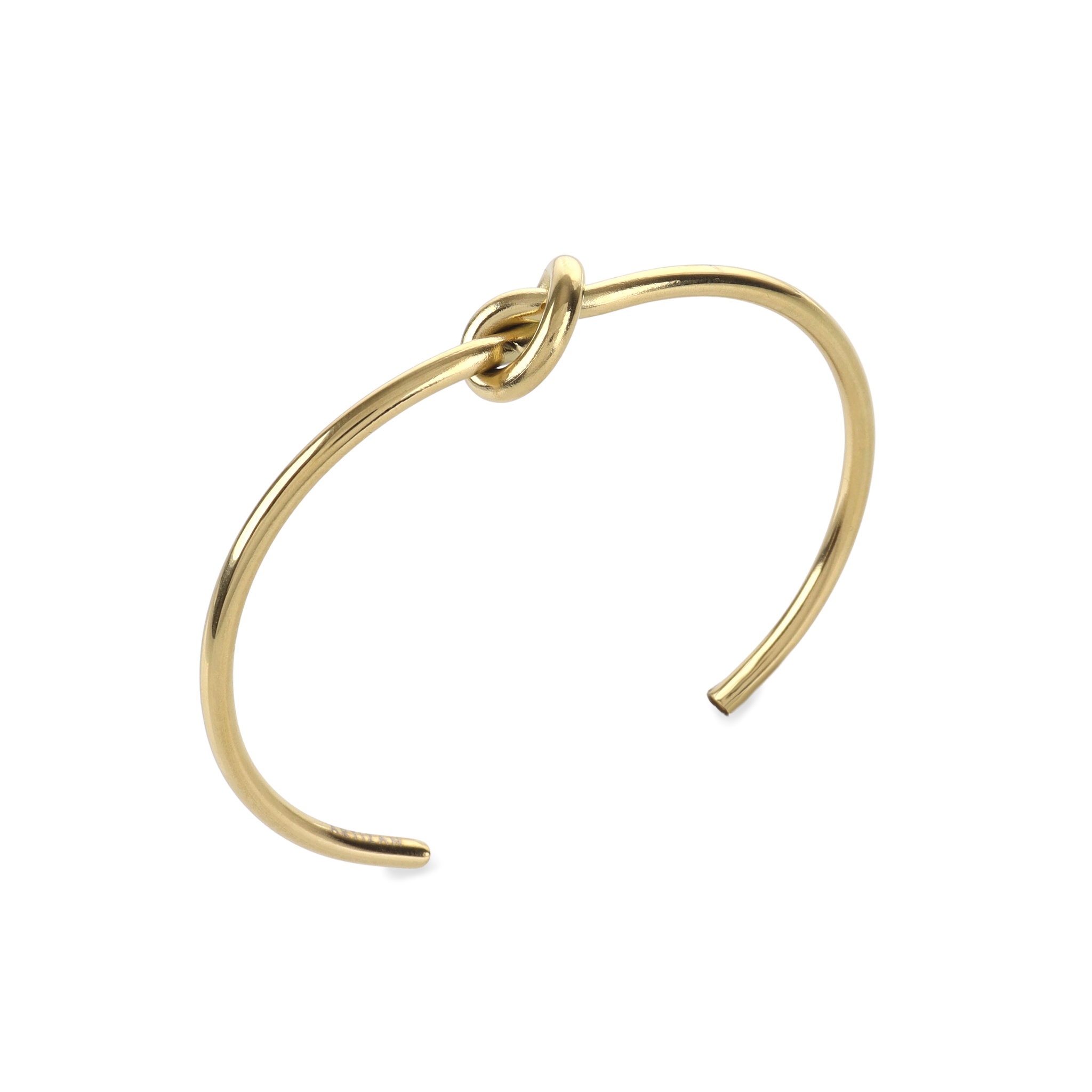 The KNOT, a single elegant gold open cuff bracelet featuring a distinctive knot detail at the center, crafted for a minimalist and sophisticated look ||| GOLD