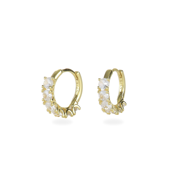 The Gold Crown Hoops Piercings, a pair of elegant gold hoop earrings adorned with a row of prong-set crystals.