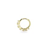 The Gold Crown Hoops Piercings, an elegant gold hoop earrings adorned with a row of prong-set crystals.