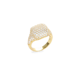 The Honeycomb Pinky Pave Ring, a gold ring with a  geometric design featuring pave-set diamond-like stones.