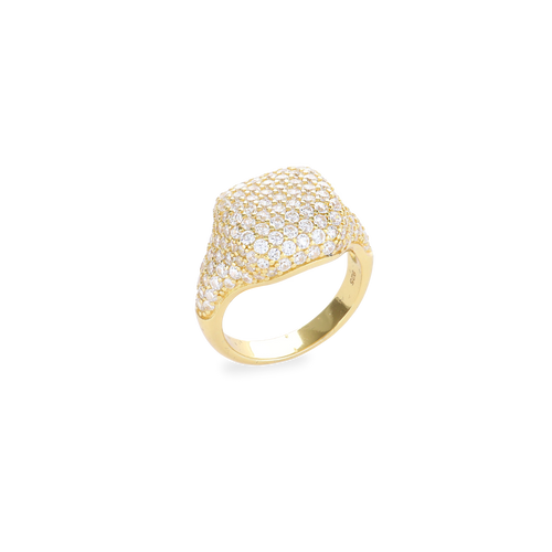 The Honeycomb Pinky Pave Ring, a gold ring with a  geometric design featuring pave-set diamond-like stones.