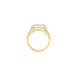 The Honeycomb Pinky Pave Ring, a gold ring with a  geometric design featuring pave-set diamond-like stones.