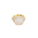 The Honeycomb Pinky Pave Ring, a gold ring with a  geometric design featuring pave-set diamond-like stones.