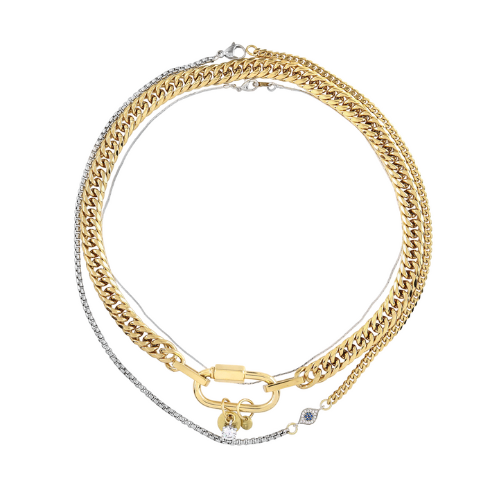 The Maya Necklace, 18k Gold plated Stainless steel chain 3  Layered chain set with one thin gold chain, half gold and half silver chain with Zirconia evil eye and a thicker gold chain with oval lock.