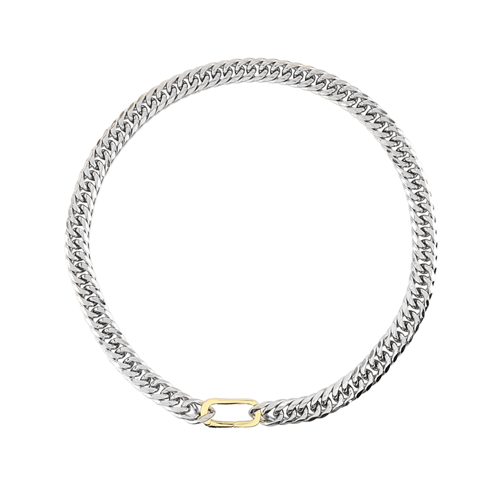 The Just Click Silver Chain, a single silver chain with a gold lobster clasp closure. ||| GOLD