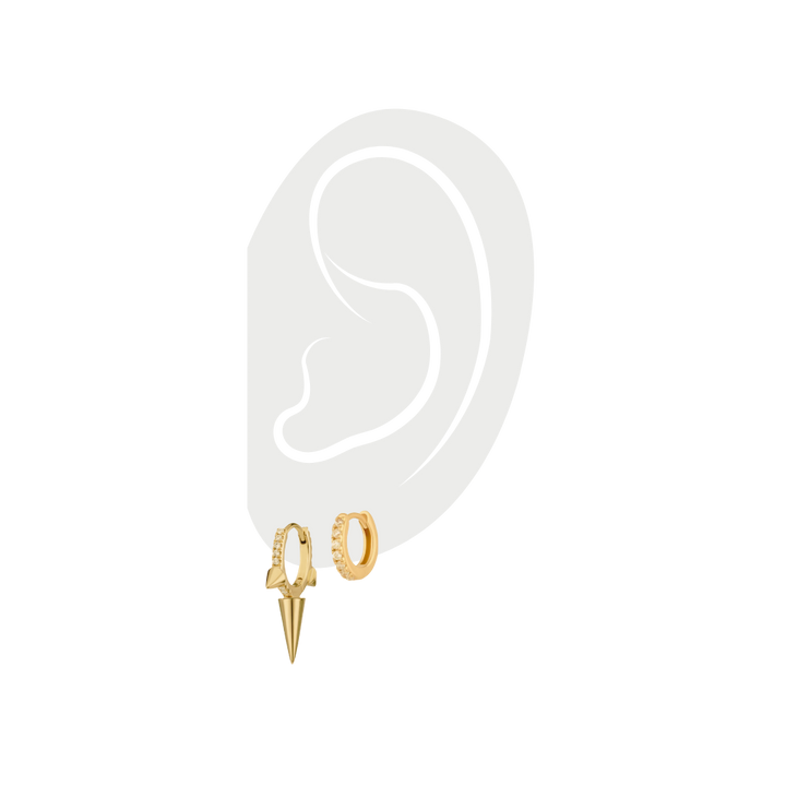 2 earrings which is part of the Ear Party Gold Set - 3 & 2 Holes, featuring one diamond gold hoop with 3 spikes and another one plain diamond gold hoop ||| GOLD