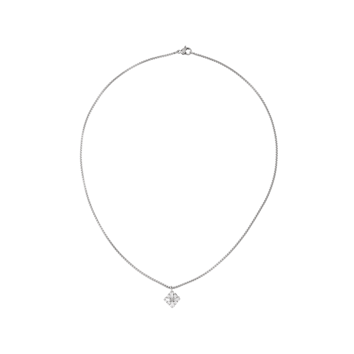 The RHOMBUS ZIRCONIA NECKLACE which is made of 1mm wide Stainless steel chain with 18K gold plated sterling silver rhombus zirconia charm.