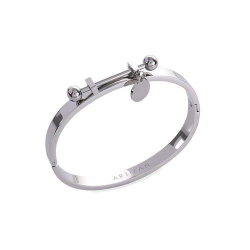 The Coins Bangle, a silver bangle bracelet with a unique toggle closure and a dangling coin charm. ||| SILVER