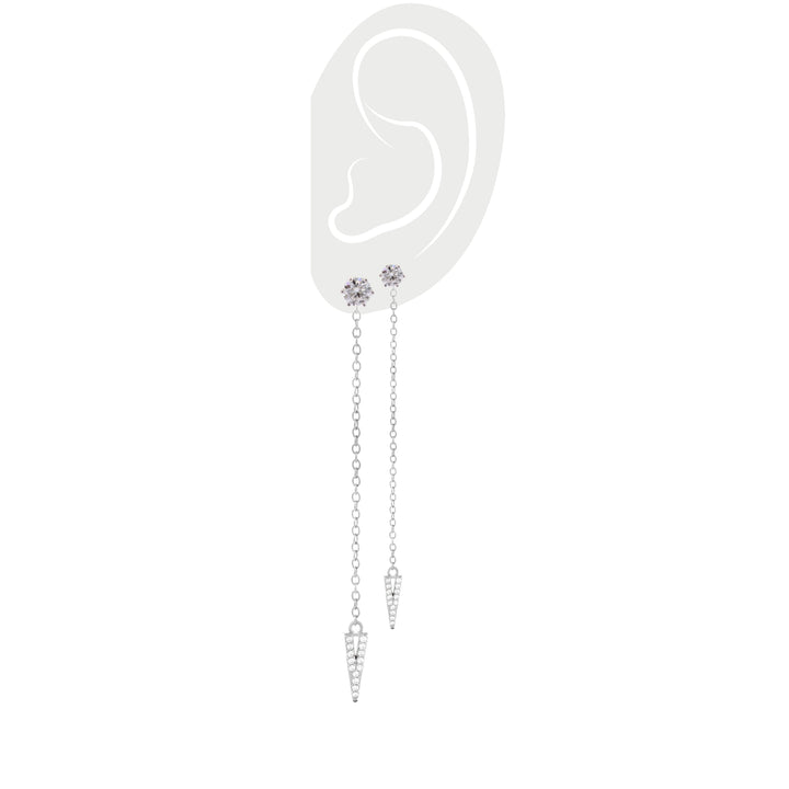 A pair of the Arrow Earring Chain, a single silver chain earring with a V-shaped arrowhead pendant adorned with sparkling stones.||| SILVER